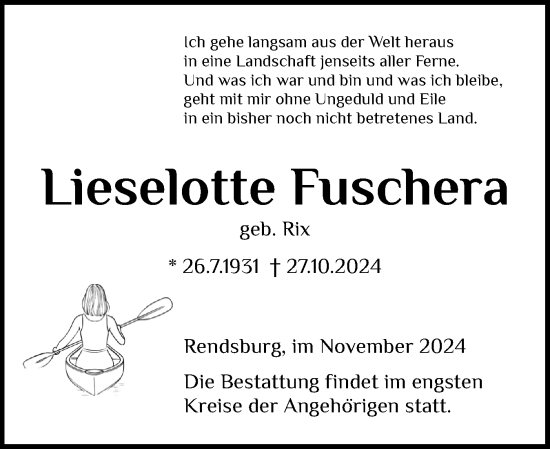 Traueranzeige von Lieselotte Fuschera von Schleswig-Holsteinische Landeszeitung