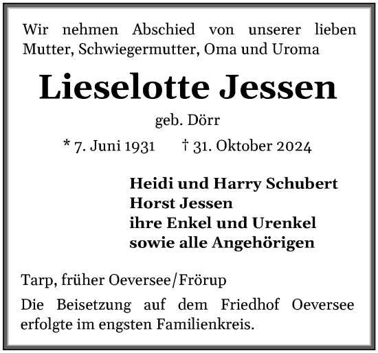 Traueranzeige von Lieselotte Jessen von Flensburger Tageblatt