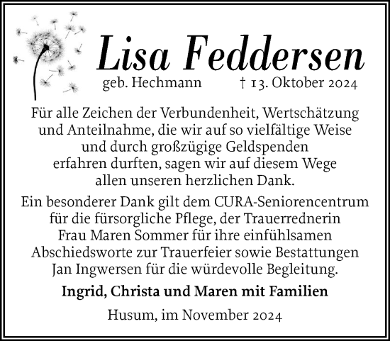 Traueranzeige von Lisa Feddersen von Husumer Nachrichten, Nordfriesland Tageblatt