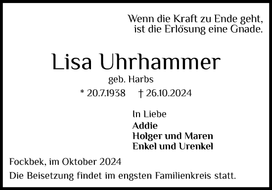 Traueranzeige von Lisa Uhrhammer von Schleswig-Holsteinische Landeszeitung