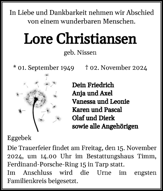 Traueranzeige von Lore Christiansen von Flensburger Tageblatt