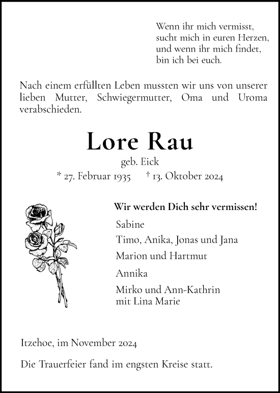 Traueranzeige von Lore Rau von Norddeutsche Rundschau, Wilstersche Zeitung, Glückstädter Fortuna