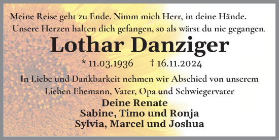 Traueranzeige von Lothar Danziger von Holsteinischer Courier