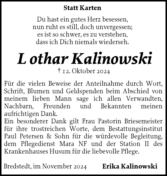 Traueranzeige von Lothar Kalinowski von Husumer Nachrichten, Nordfriesland Tageblatt