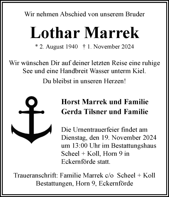 Traueranzeige von Lothar Marrek von Norddeutsche Rundschau, Wilstersche Zeitung, Glückstädter Fortuna