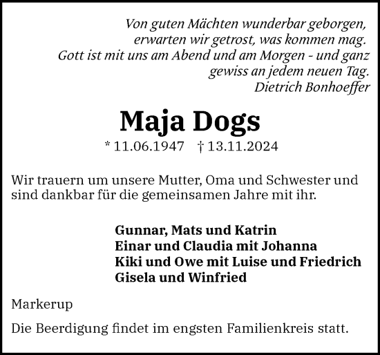 Traueranzeige von Maja Dogs von Flensburger Tageblatt