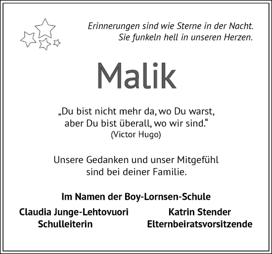 Traueranzeige von Malik  von Sylter Rundschau