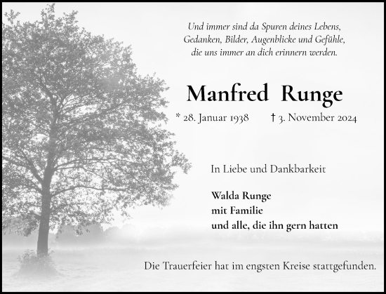 Traueranzeige von Manfred Runge von Elmshorner Nachrichten, Barmstedter Zeitung