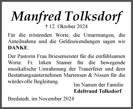 Traueranzeige von Manfred Tolksdorf von Husumer Nachrichten, Nordfriesland Tageblatt