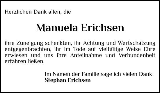 Traueranzeige von Manuela Erichsen von Schleswiger Nachrichten, Schlei-Bote