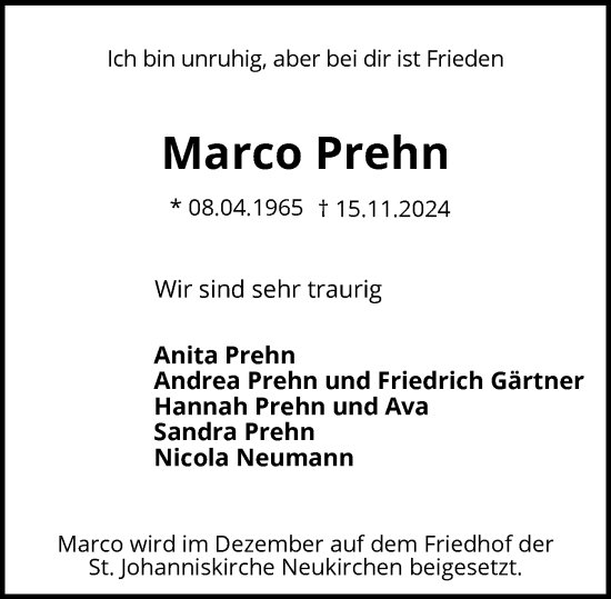 Traueranzeige von Marco Prehn von Ostholsteiner Anzeiger