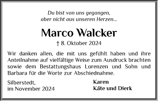 Traueranzeige von Marco Walcker von Schleswiger Nachrichten, Schlei-Bote