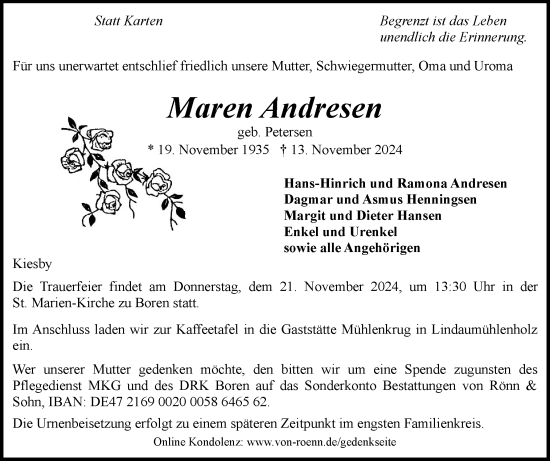 Traueranzeige von Maren Andresen von Flensburger Tageblatt, Schleswiger Nachrichten, Schlei-Bote