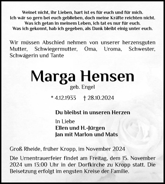 Traueranzeige von Marga Hensen von Schleswig-Holsteinische Landeszeitung