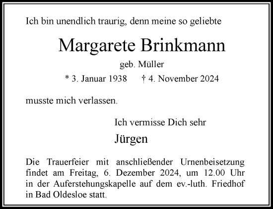 Traueranzeige von Margarete Brinkmann von Stormaner Tageblatt