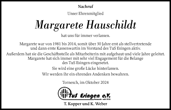 Traueranzeige von Margarete Hauschildt von Uetersener Nachrichten, Der tip am Wochenende