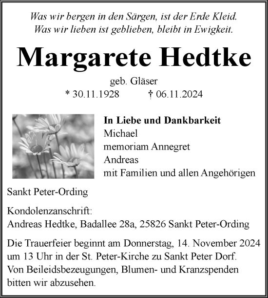 Traueranzeige von Margarete Hedtke von Husumer Nachrichten, Nordfriesland Tageblatt