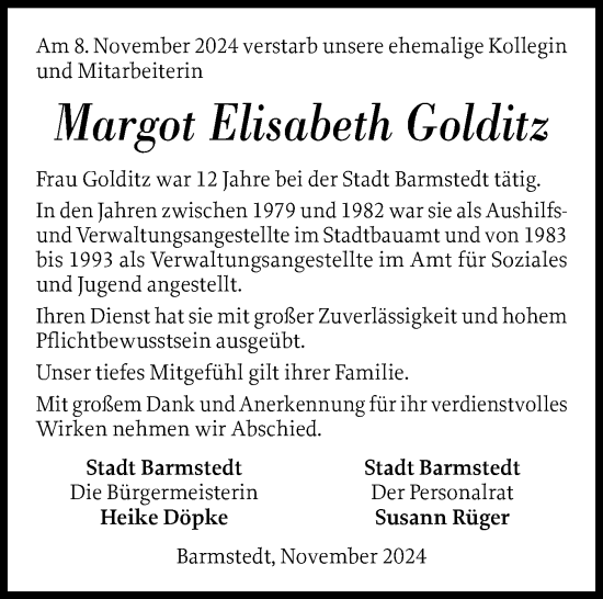 Traueranzeige von Margot Golditz von Elmshorner Nachrichten, Barmstedter Zeitung