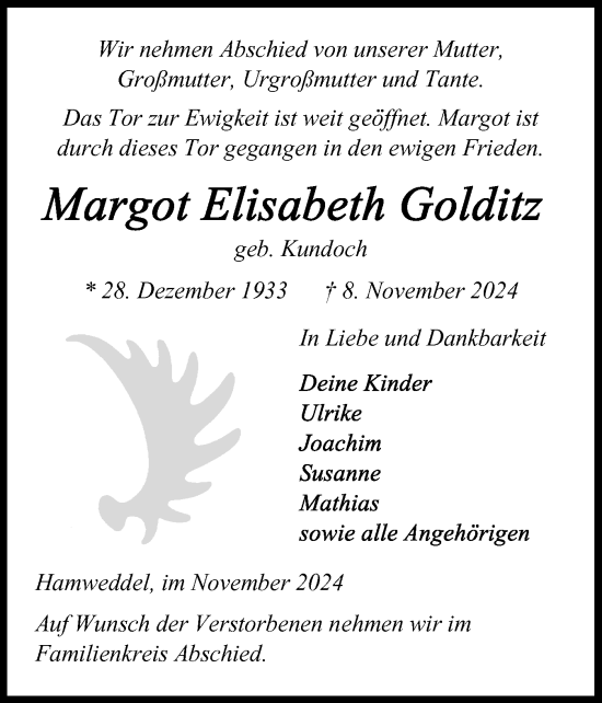 Traueranzeige von Margot Elisabeth Golditz von Elmshorner Nachrichten, Barmstedter Zeitung