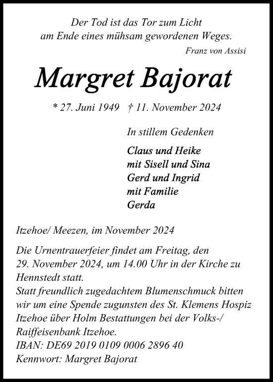 Traueranzeige von Margret Bajorat von Schleswig-Holsteinische Landeszeitung