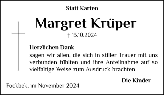 Traueranzeige von Margret Krüper von Schleswig-Holsteinische Landeszeitung