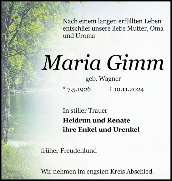 Traueranzeige von Maria Gimm von Schleswiger Nachrichten, Schlei-Bote