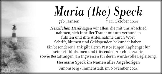 Traueranzeige von Maria Speck von Husumer Nachrichten, Nordfriesland Tageblatt