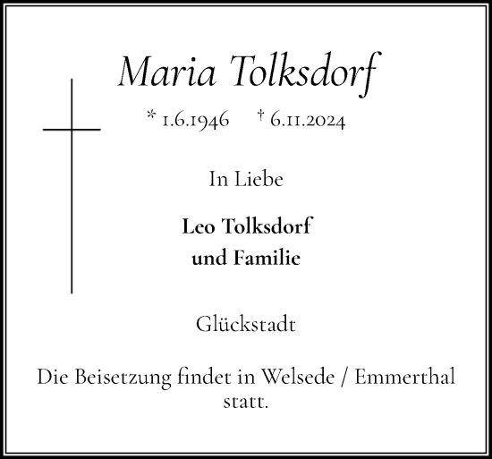 Traueranzeige von Maria Tolksdorf von Norddeutsche Rundschau, Wilstersche Zeitung, Glückstädter Fortuna