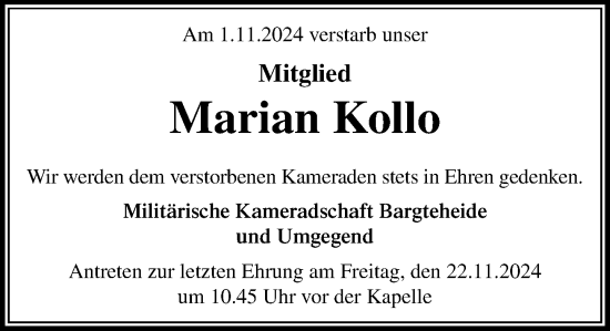 Traueranzeige von Marian Kollo von Stormaner Tageblatt