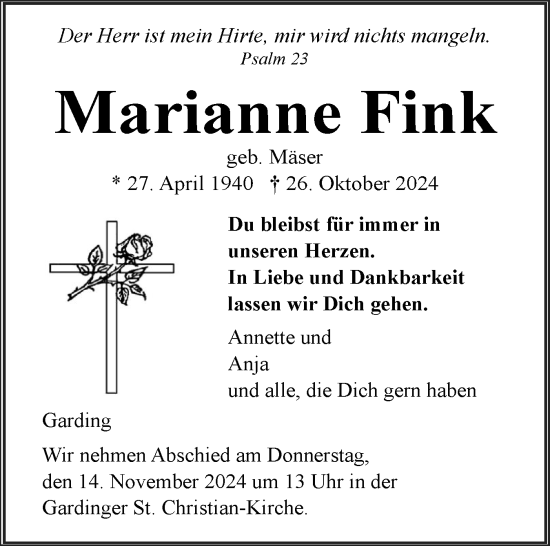 Traueranzeige von Marianne Fink von Husumer Nachrichten, Nordfriesland Tageblatt