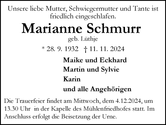 Traueranzeige von Marianne Schmurr von Flensburger Tageblatt