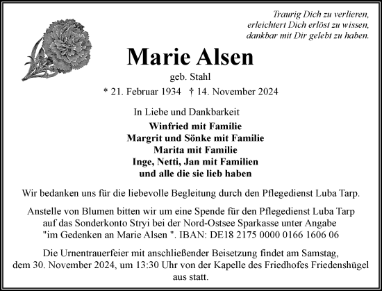 Traueranzeige von Marie Alsen von Flensburger Tageblatt