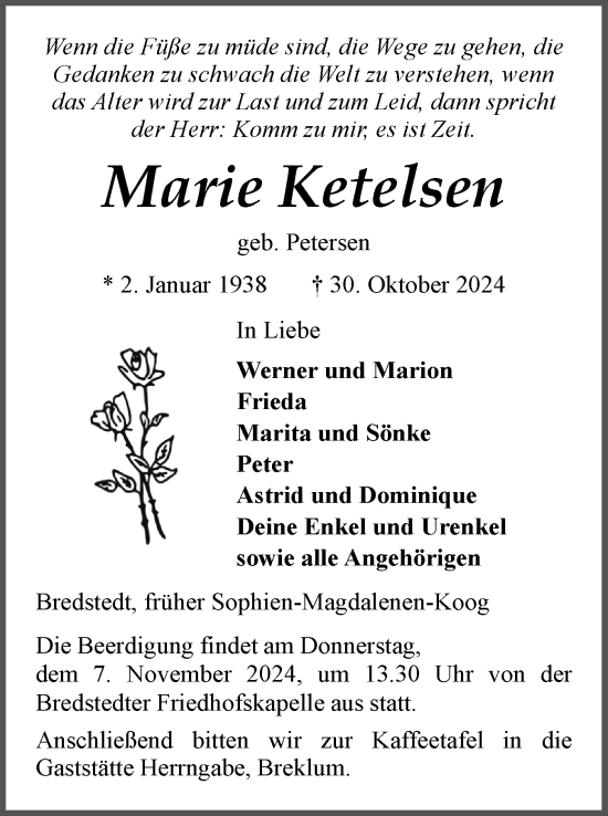 Traueranzeige von Marie Ketelsen von Region Flensburg