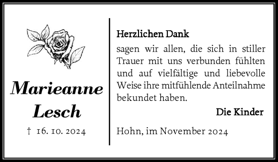 Traueranzeige von Marieanne Lesch von Schleswig-Holsteinische Landeszeitung