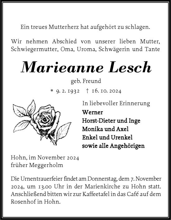 Traueranzeige von Marieanne Lesch von Schleswig-Holsteinische Landeszeitung