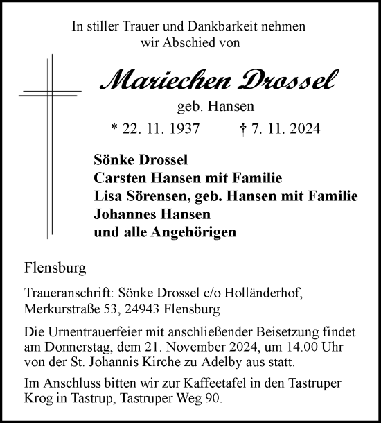 Traueranzeige von Mariechen Drossel von Flensburger Tageblatt