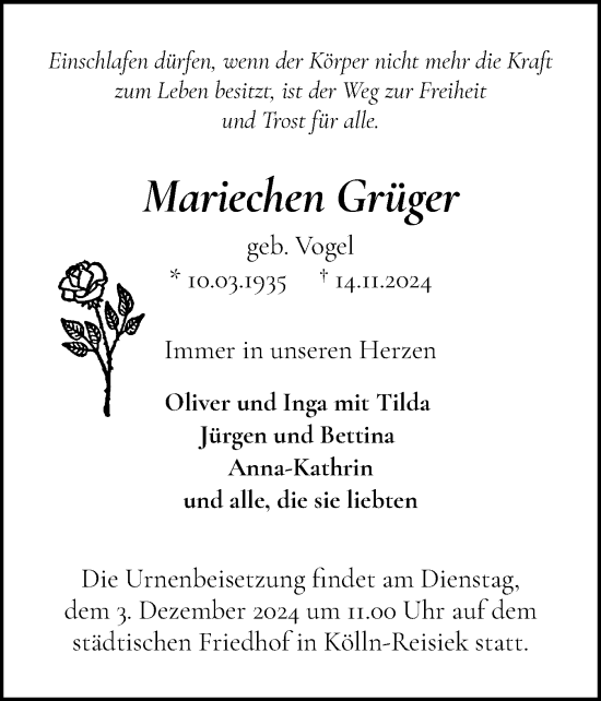 Traueranzeige von Mariechen Grüger von Norddeutsche Rundschau, Wilstersche Zeitung, Glückstädter Fortuna