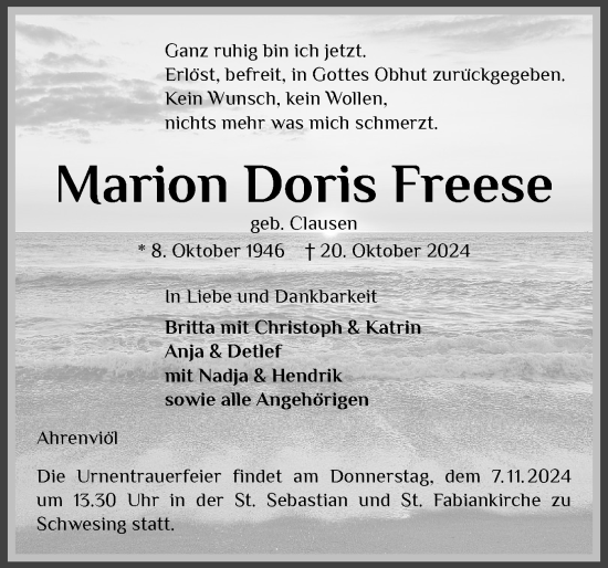 Traueranzeige von Marion Doris Freese von Husumer Nachrichten, Nordfriesland Tageblatt