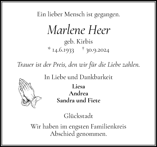 Traueranzeige von Marlene Heer von Norddeutsche Rundschau, Wilstersche Zeitung, Glückstädter Fortuna