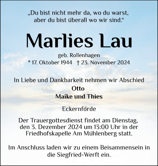 Traueranzeige von Marlies Lau von Eckernförder Zeitung, Hallo Eckernförde