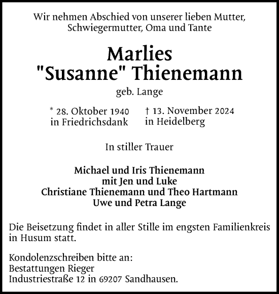 Traueranzeige von Marlies Thienemann von Husumer Nachrichten, Nordfriesland Tageblatt