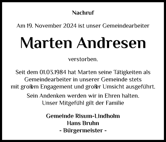 Traueranzeige von Marten Andresen von Husumer Nachrichten, Nordfriesland Tageblatt