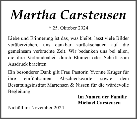 Traueranzeige von Martha Carstensen von Husumer Nachrichten, Nordfriesland Tageblatt