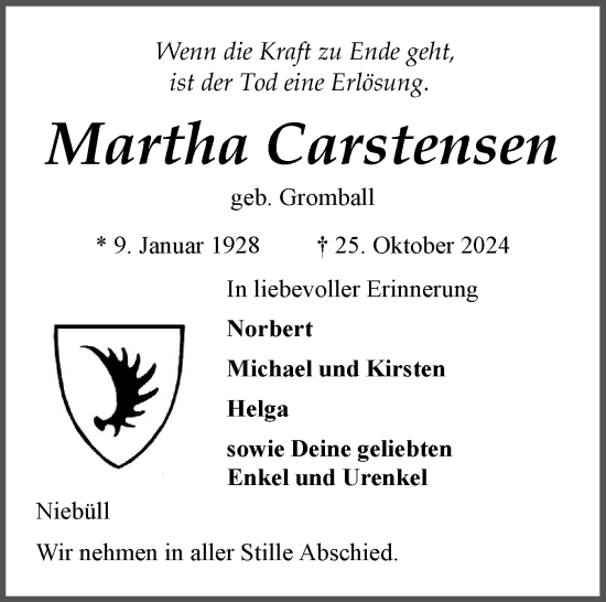 Traueranzeige von Martha Carstensen von Husumer Nachrichten, Nordfriesland Tageblatt