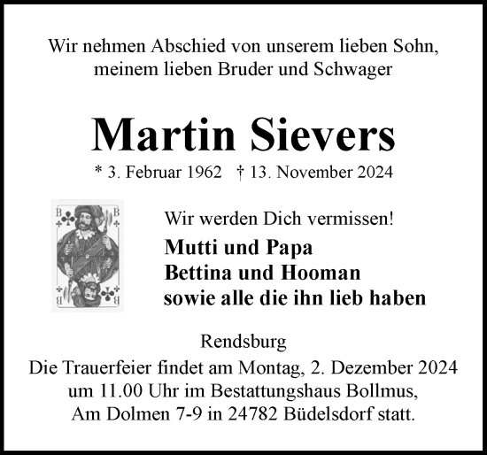 Traueranzeige von Martin Sievers von Schleswig-Holsteinische Landeszeitung