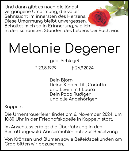 Traueranzeige von Melanie Degener von Schleswiger Nachrichten, Schlei-Bote