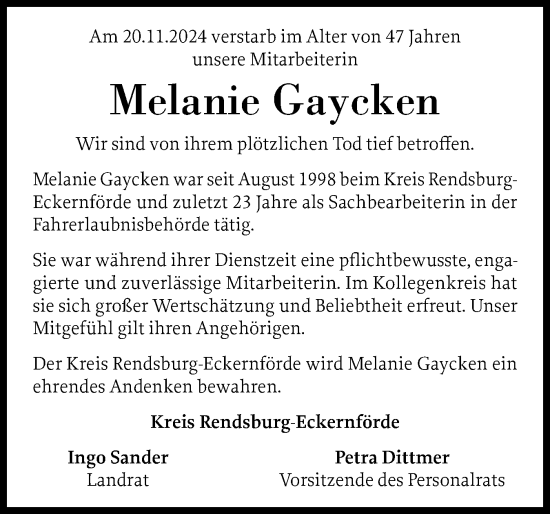 Traueranzeige von Melanie Gaycken von Schleswig-Holsteinische Landeszeitung