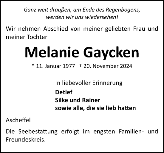 Traueranzeige von Melanie Gaycken von Eckernförder Zeitung, Hallo Eckernförde