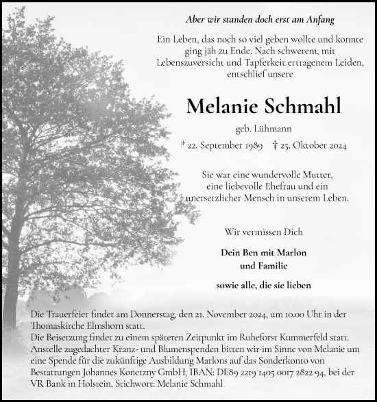 Traueranzeige von Melanie Schmahl von Elmshorner Nachrichten, Barmstedter Zeitung
