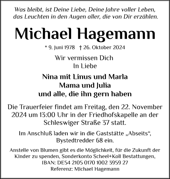 Traueranzeige von Michael Hagemann von Eckernförder Zeitung, Hallo Eckernförde